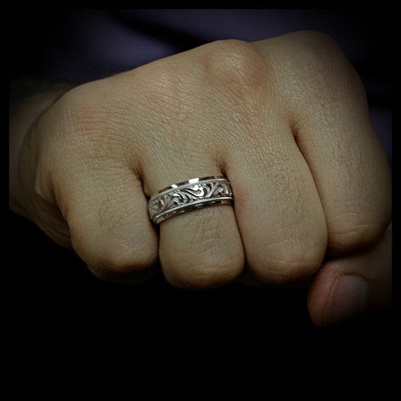 Men's Carved Wedding Band - Paisley - Moissanite Rings