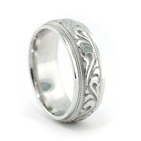 Men's Carved Wedding Band - Paisley - Moissanite Rings