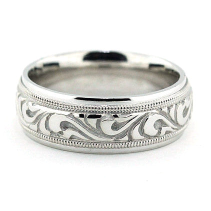 Men's Carved Wedding Band - Paisley - Moissanite Rings