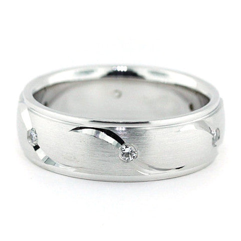 Men's Diamond Wedding Band Carved Accents - Fly Away With Me - Moissanite Rings