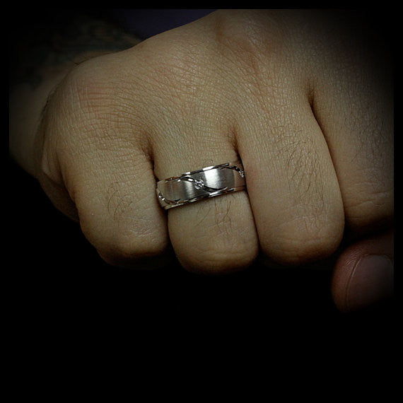 Men's Diamond Wedding Band Carved Accents - Fly Away With Me - Moissanite Rings