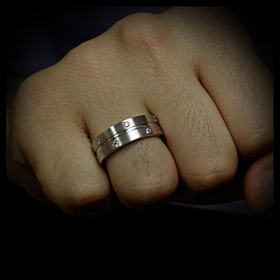 Men's Diamond Wedding Band - Double Diamond - Moissanite Rings