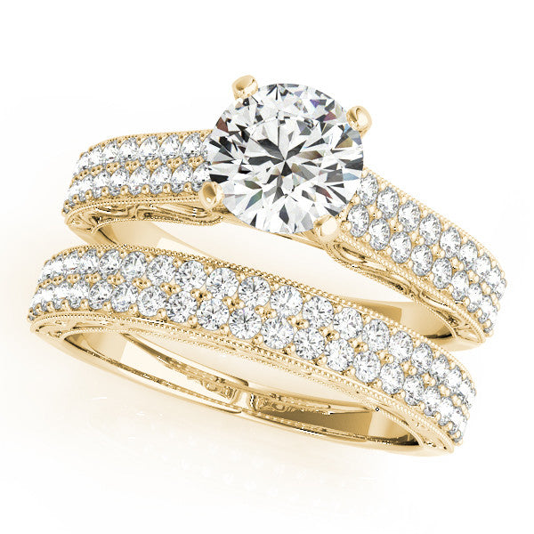 Double Diamond Band Moissanite Engagement Ring and Matching Diamond Wedding Band - Delilah - Moissanite Rings