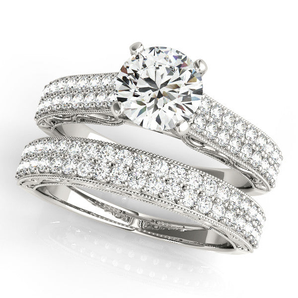 Double Diamond Band Moissanite Engagement Ring and Matching Diamond Wedding Band - Delilah - Moissanite Rings