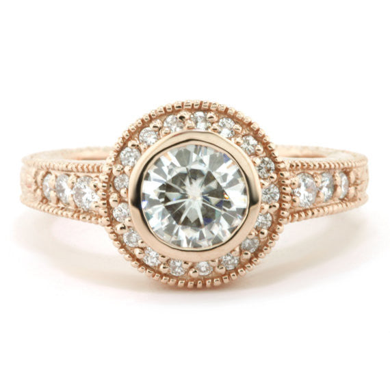 Bezel Set Moissanite Engagement Ring Carved Vintage Style - Kat - Moissanite Rings