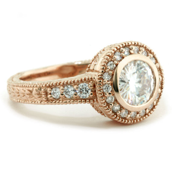 Bezel Set Moissanite Engagement Ring Carved Vintage Style - Kat - Moissanite Rings
