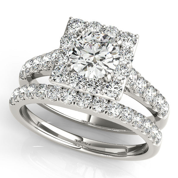 Square Shape Diamond Halo Wedding Set 7.5mm Round Moissanite Center - Lina - Moissanite Rings
