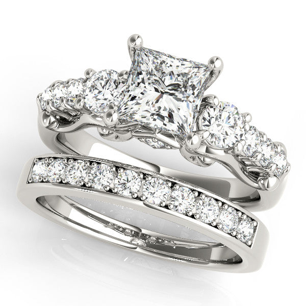 Engagement Ring Diamond Setting 1.75 ct Princess Cut Moissanite Center and Diamond Wedding Band - Renee - Moissanite Rings
