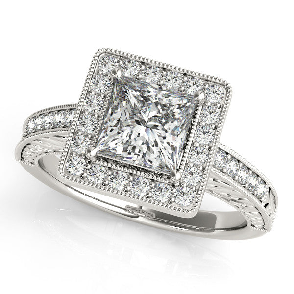 Princess Cut Diamond Halo Moissanite Center Engagement Ring - Fiona - Moissanite Rings