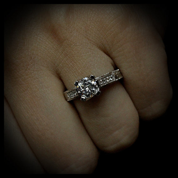 Engraved Engagement Ring - Royal Crown - Moissanite Rings