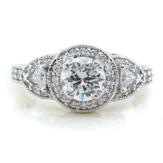 Three Stone Vintage Style Engagement Ring - Lauren - Moissanite Rings