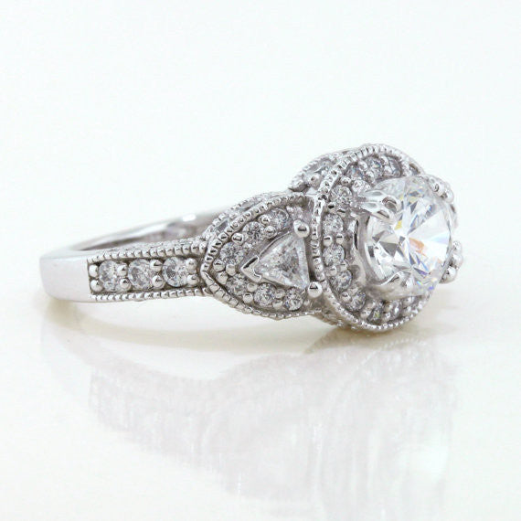 Three Stone Vintage Style Engagement Ring - Lauren - Moissanite Rings