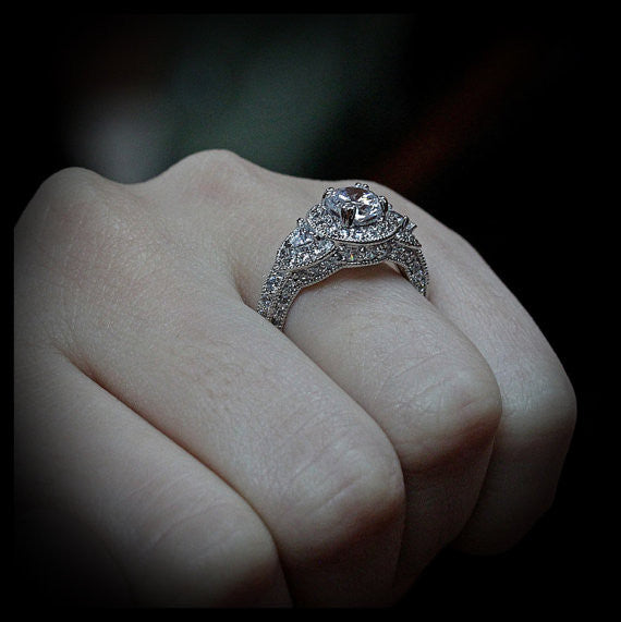 Three Stone Vintage Style Engagement Ring - Lauren - Moissanite Rings