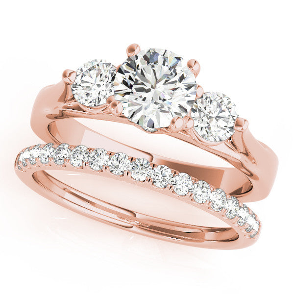 Three Stone Engagement Ring and Diamond Wedding Band - May - Moissanite Rings