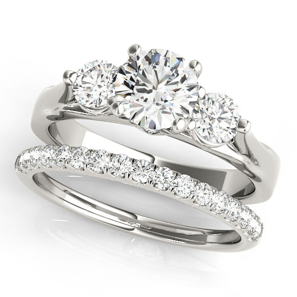 Three Stone Engagement Ring and Diamond Wedding Band - May - Moissanite Rings