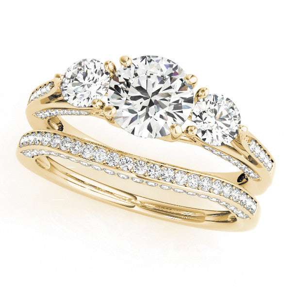 Three Stone Wedding Set Moissanite Engagement and Diamond Wedding Band - Trina - Moissanite Rings