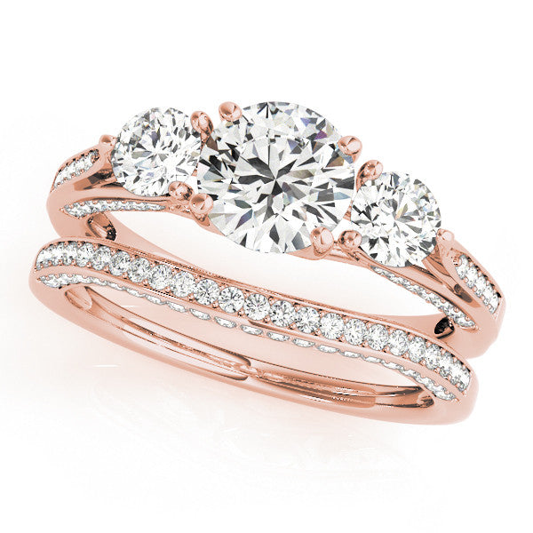 Three Stone Wedding Set Moissanite Engagement and Diamond Wedding Band - Trina - Moissanite Rings