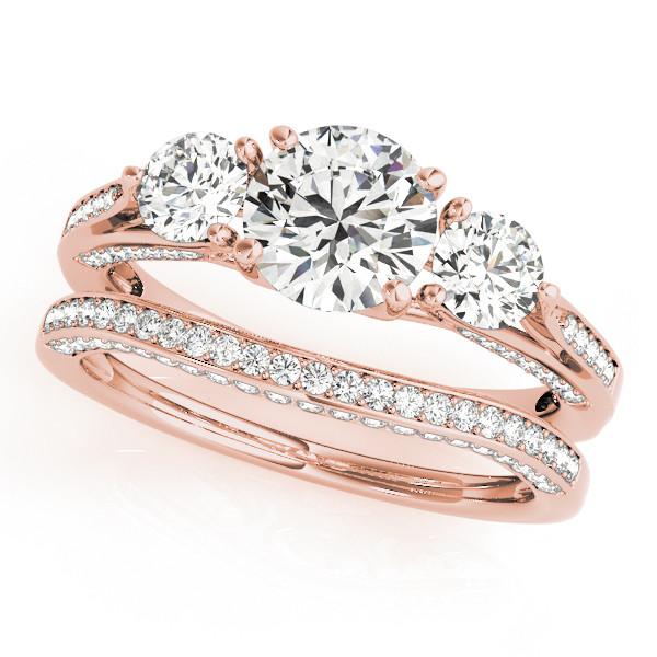 Three Stone Wedding Set Moissanite Engagement and Diamond Wedding Band - Trina - Moissanite Rings