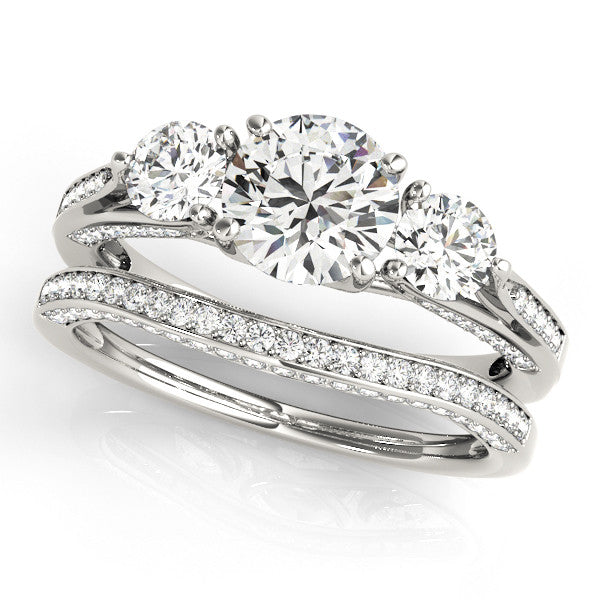 Three Stone Wedding Set Moissanite Engagement and Diamond Wedding Band - Trina - Moissanite Rings