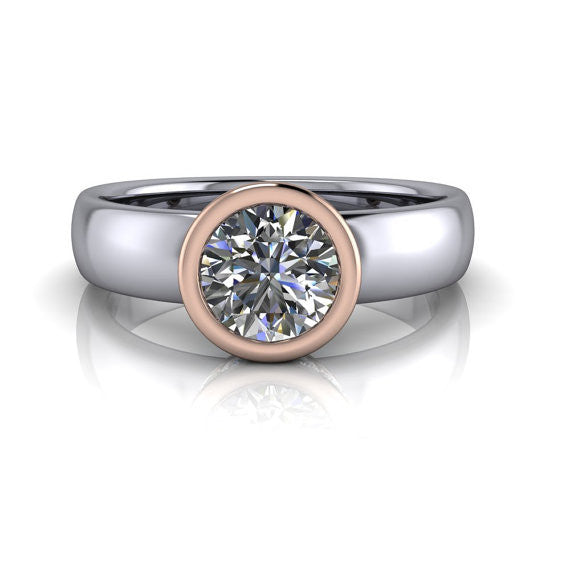 Two Tone Bezel Set  Moissanite Solitaire Engagement Ring- Wrapped in Love II Rose and White - Moissanite Rings