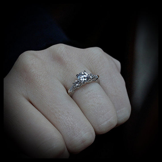 Baguette and Round Diamond Side Stone Moissanite Engagement Ring - Tink - Moissanite Rings