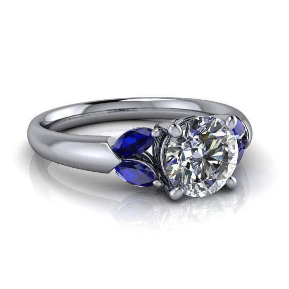 Blue Sapphire and Moissanite Engagement Ring - Petalos - Moissanite Rings