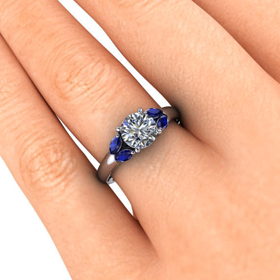Blue Sapphire and Moissanite Engagement Ring - Petalos - Moissanite Rings