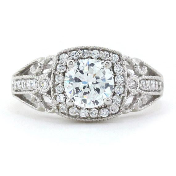 Vintage Style Diamond Halo Moissanite Engagement Ring - Layne - Moissanite Rings