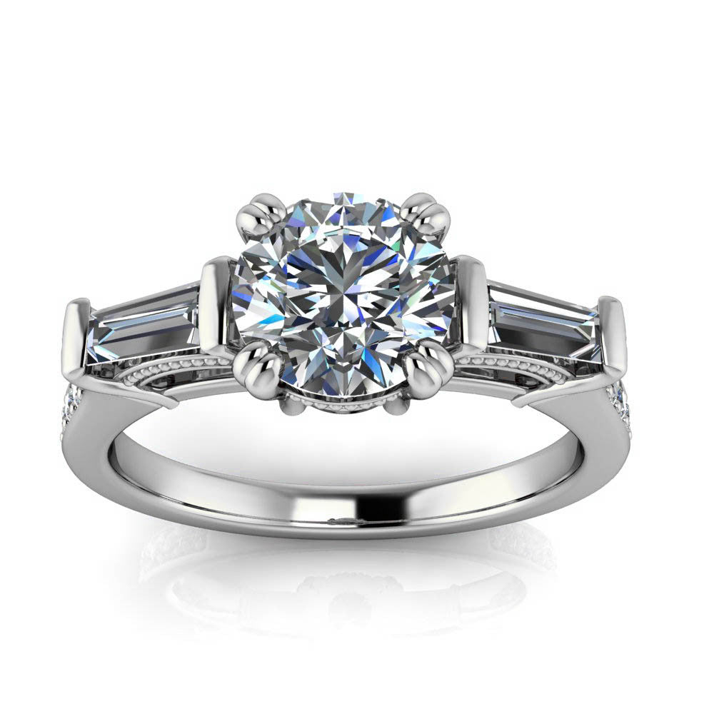 Diamond Baguette Vintage Style Forever One Moissanite Engagement Ring - Venice - Moissanite Rings