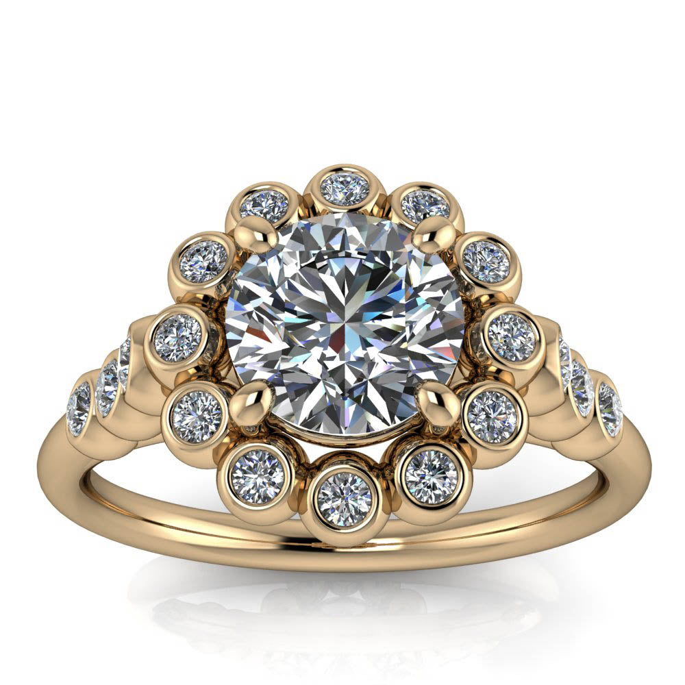 Bezel Set Diamond Halo Engagement Ring - Emmerson - Moissanite Rings