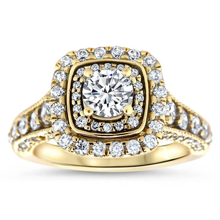 Fancy Double Halo Moissanite and Diamond Engagement Ring - Aurora - Moissanite Rings