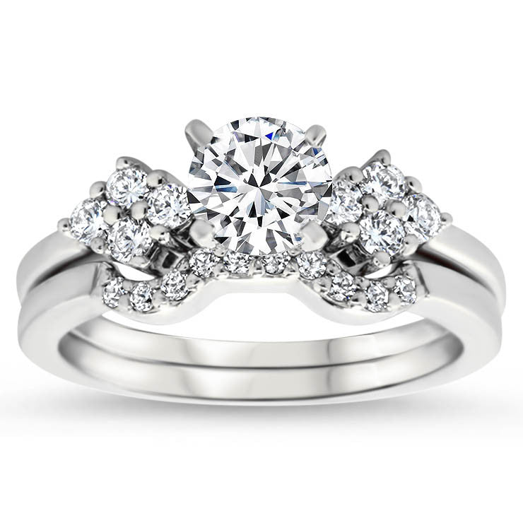 Diamond Accented Engagement Ring with Matching Wedding Band - Love Cluster Wedding Set - Moissanite Rings