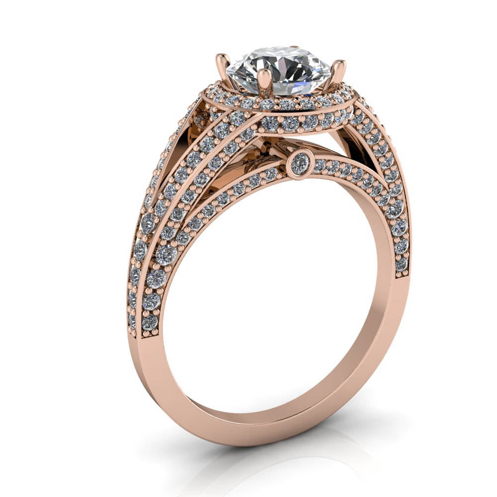 Split Shank Diamond Halo Moissanite Engagement Ring - Linda Round - Moissanite Rings