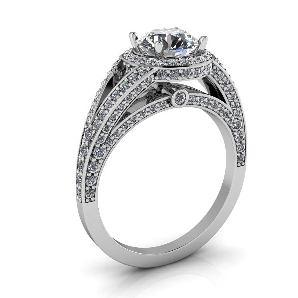 Split Shank Diamond Halo Moissanite Engagement Ring - Linda Round - Moissanite Rings