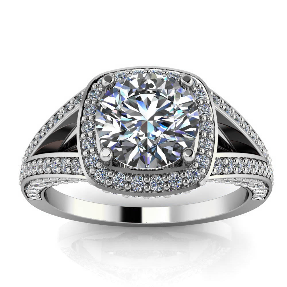 Cushion Shaped Halo Round Center Split Shank Setting - Linda - Moissanite Rings