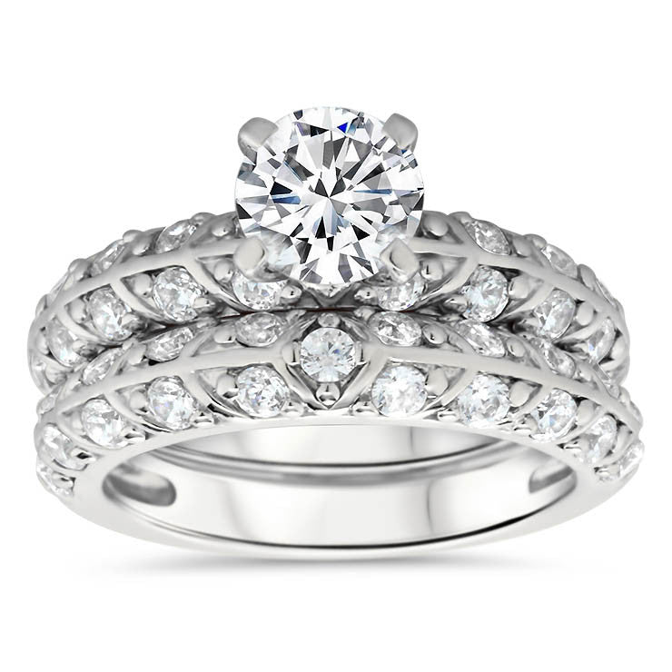 Beautiful Two Row Diamond Wedding Set - Branch  Set - Moissanite Rings