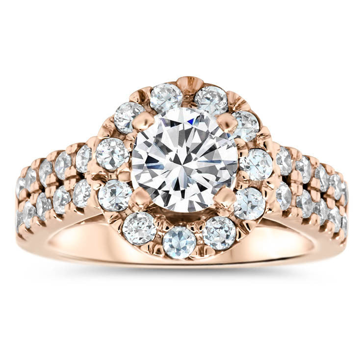 Double Band Diamond Setting Moissanite Center Halo Engagement Ring - Mira - Moissanite Rings