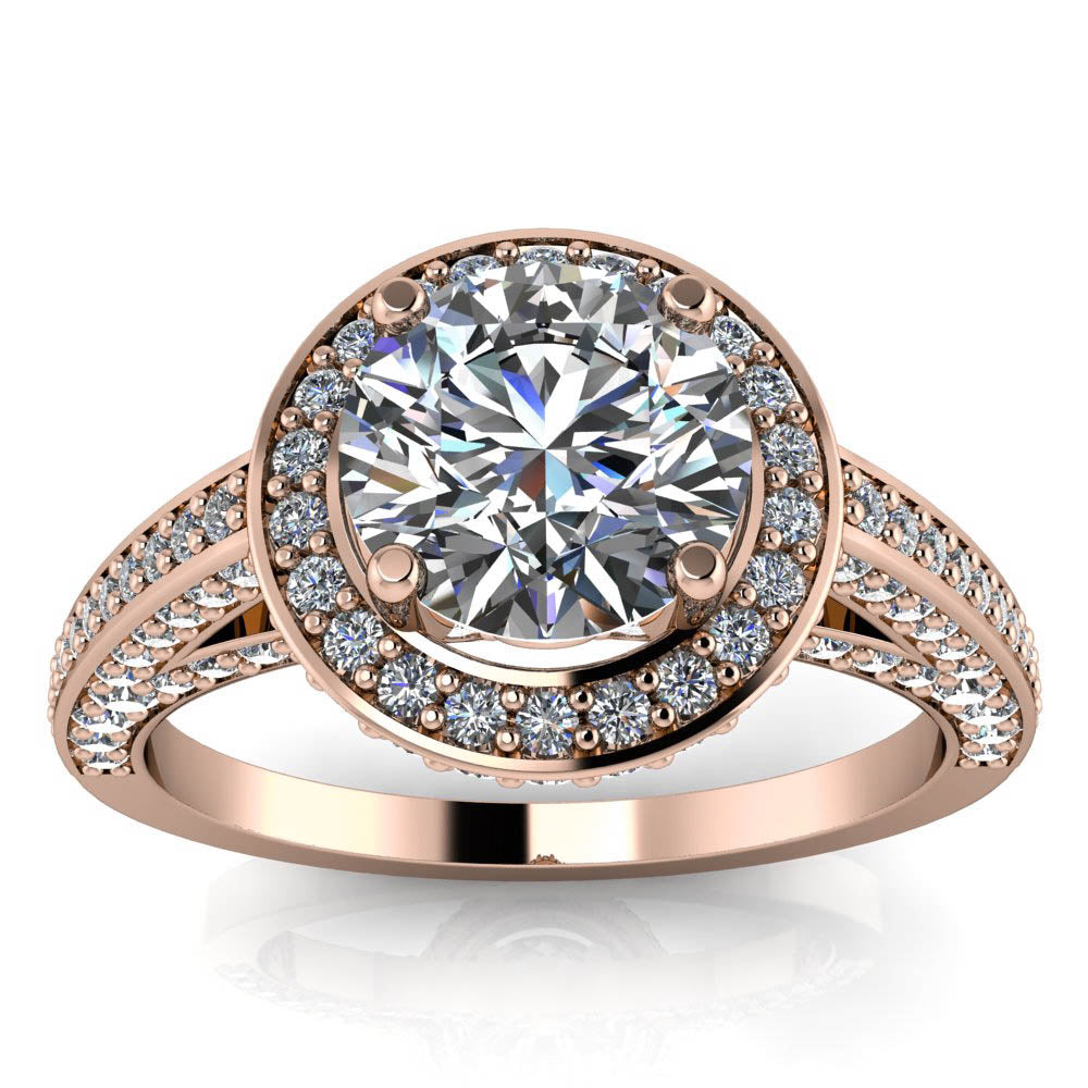 Diamond Halo Round Center Moissanite Engagement Ring - Valentina Round - Moissanite Rings