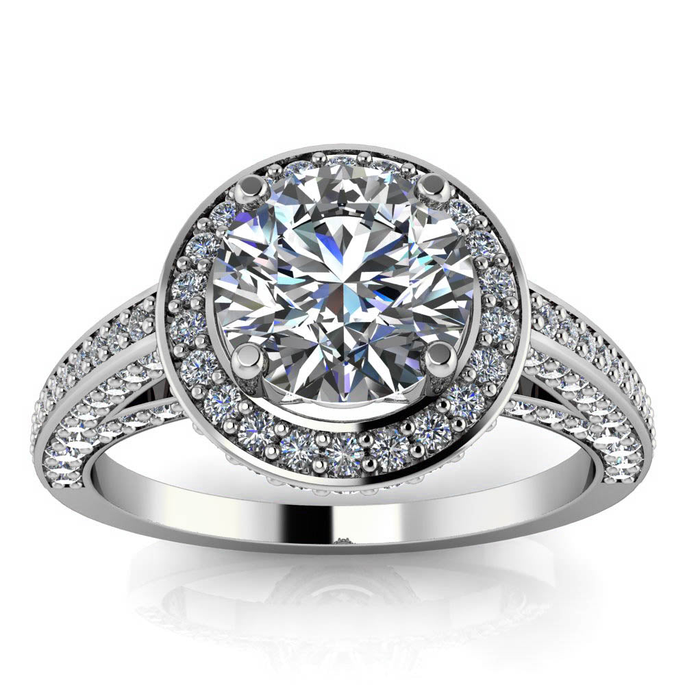 Diamond Halo Round Center Moissanite Engagement Ring - Valentina Round - Moissanite Rings