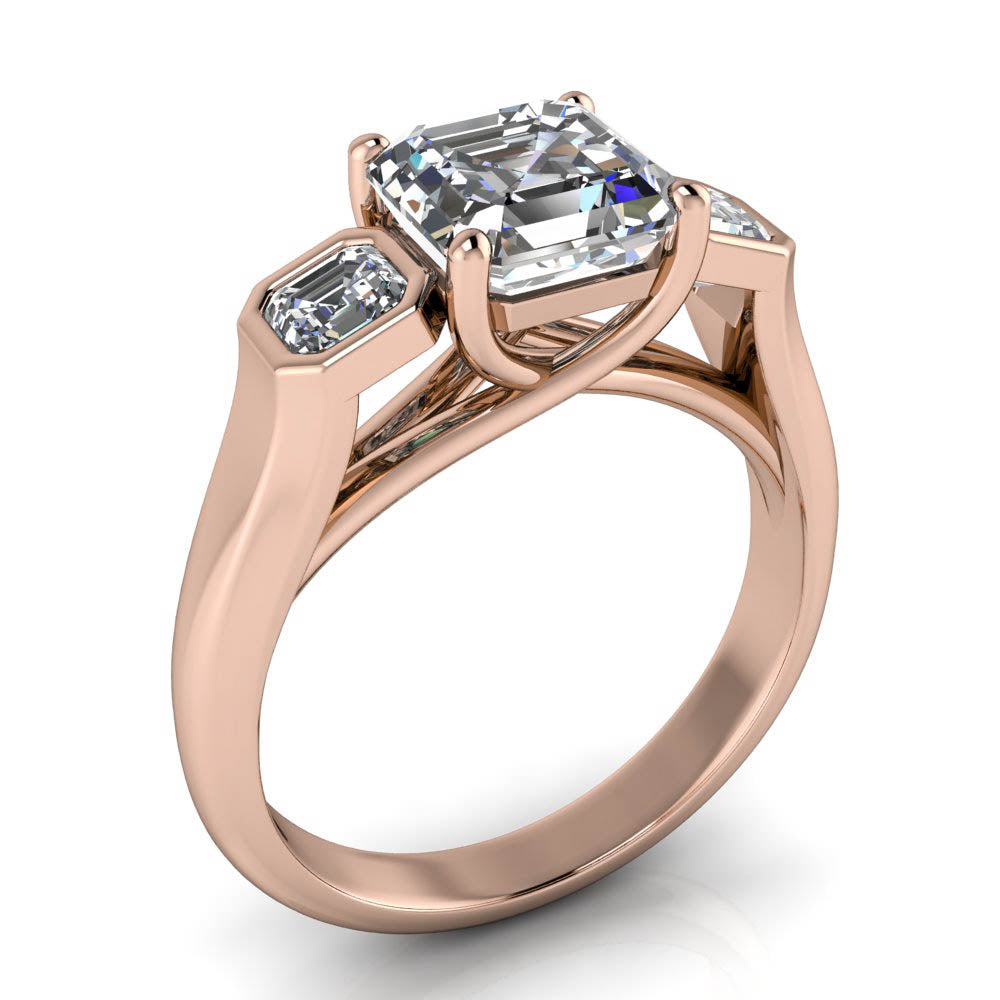 Three Stone Asscher Cut Engagement Ring - Mary - Moissanite Rings