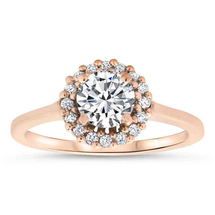 Thin Band Diamond Halo Engagment Ring and Wedding Band - Mint Wedding Set - Moissanite Rings