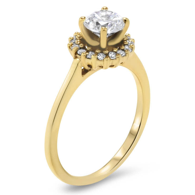 Thin Band Diamond Halo Engagment Ring and Wedding Band - Mint Wedding Set - Moissanite Rings