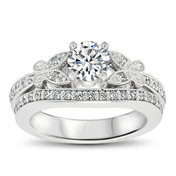 Diamond Butterfly Style Engagement Ring and Matching Band - Butterfly