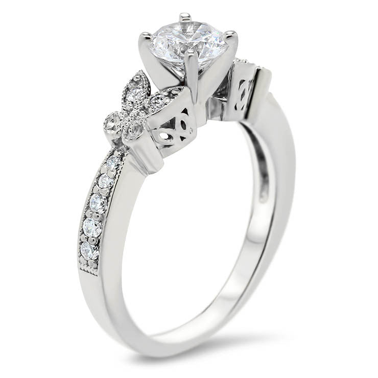 Diamond Butterfly Style Engagement Ring and Matching Band  - Butterfly Kisses Wedding Set - Moissanite Rings