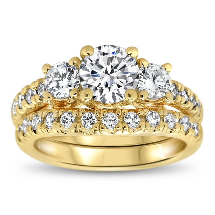 Three Stone Engagement Ring Set - Kimber Wedding Set - Moissanite Rings