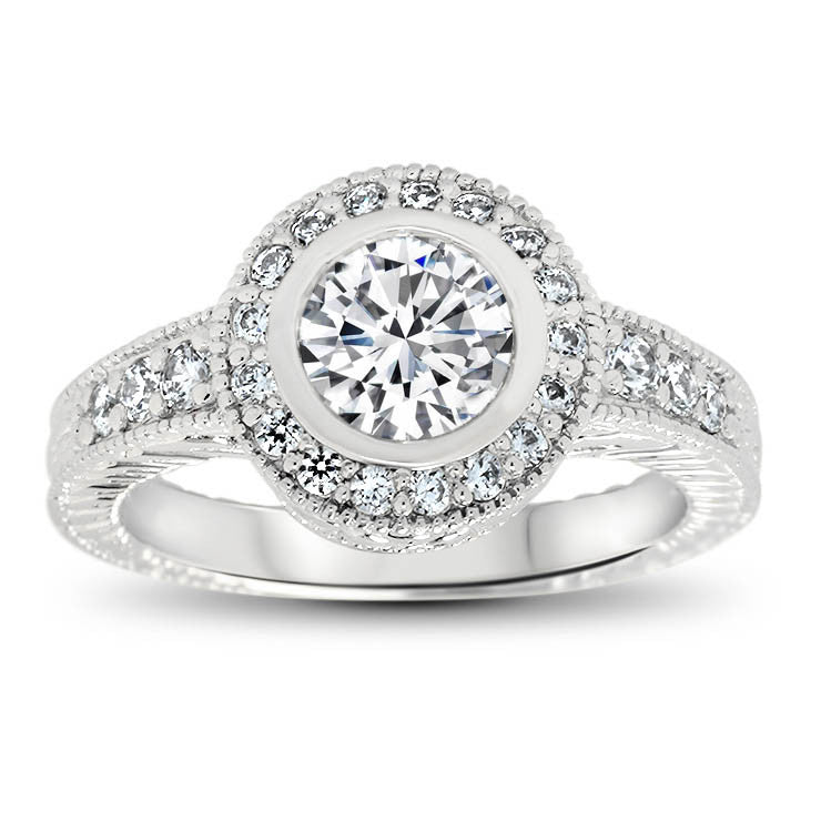 Bezel Set Diamond Engagement Ring Forever One Moissanite Center - Callie - Moissanite Rings