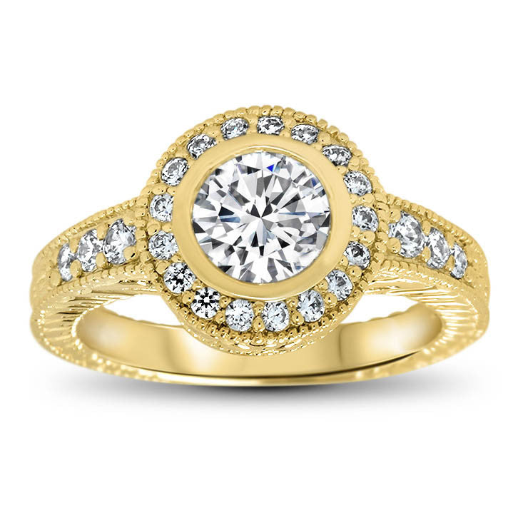 Bezel Set Diamond Engagement Ring and Matching Wedding Band - Callie Set - Moissanite Rings