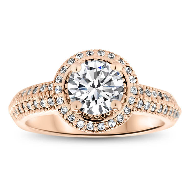 Millgrain Knife Edge Diamond Halo Moissanite Center Engagement Ring - Cindy - Moissanite Rings