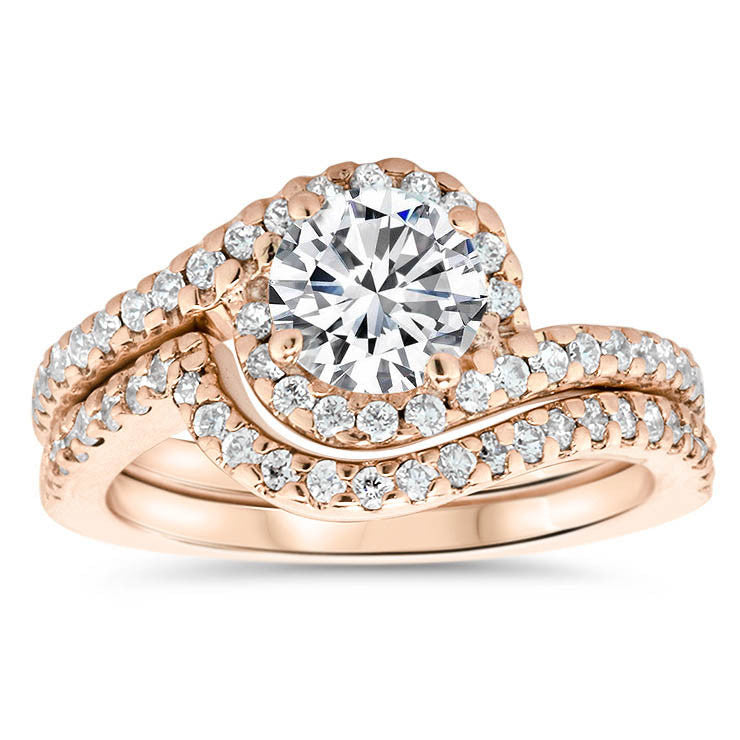 Bypass Diamond Halo Engagement Ring and Wedding Band - Whirlwind Matching Set - Moissanite Rings