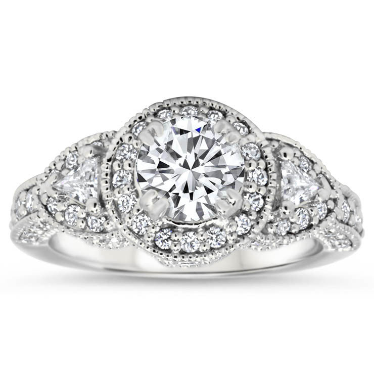 Vintage Style Diamond Halo Moissanite Center Engagement Ring - Lauren - Moissanite Rings